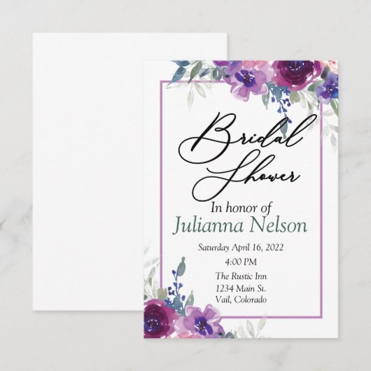 Waterverf paars en mauve florale uitnodiging (Voorkant / Achterkant)
