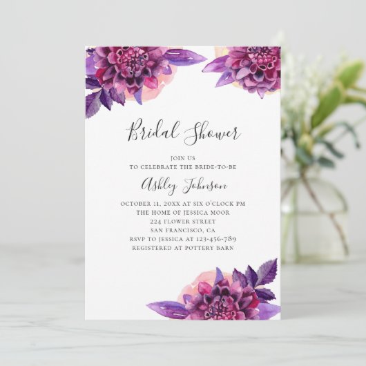 Waterverf paars en roze floreel vrijgezellenfeest kaart (Staand voorkant)