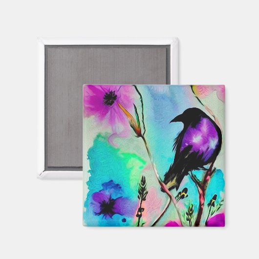 Waterverf Paars en zwarte vogel Magneet (Voorkant / Achterkant)