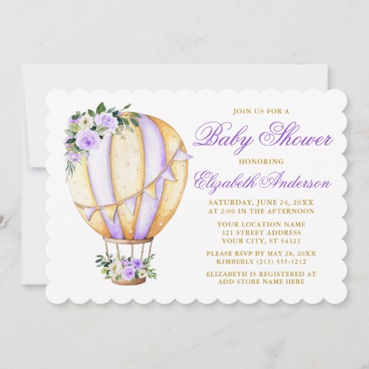 Waterverf Paars Floral Baby shower Luchtballon Kaart (Voorkant)