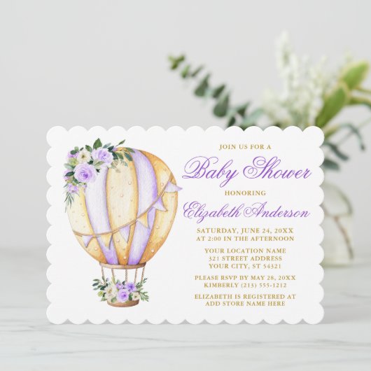 Waterverf Paars Floral Baby shower Luchtballon Kaart (Staand voorkant)