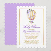 Waterverf Paars Floral Ballon Baby shower Gold Kaart (Voorkant / Achterkant)