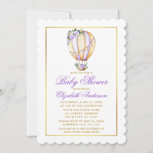 Waterverf Paars Floral Ballon Baby shower Gold Kaart (Voorkant)