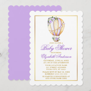 Waterverf Paars Floral Ballon Baby shower Gold Kaart