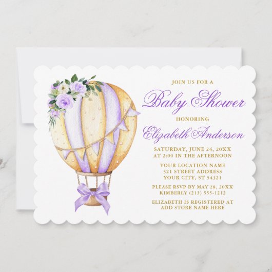 Waterverf Paars Floral Ballon Bow Baby shower Kaart (Voorkant)