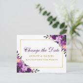 Waterverf Paars Floral Gold verander de datum Briefkaart (Staand voorkant)