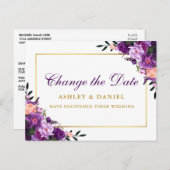Waterverf Paars Floral Gold verander de datum Briefkaart (Voorkant / Achterkant)