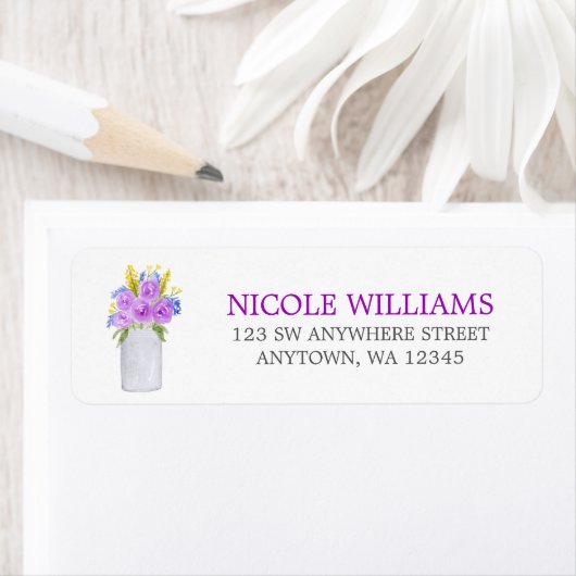 Waterverf Paars Floral Mason Jar Return Address Etiket (Insitu)