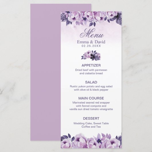 Waterverf Paars Floral Spring Wedding Menu (Voorkant / Achterkant)