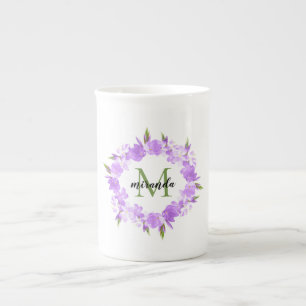 Waterverf Paars Floral Wreatname Monogram Porselein Kop