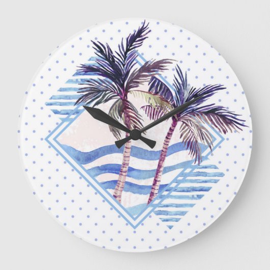 Waterverf Paars Geometrische palmboom Grote Klok (Voorkant)