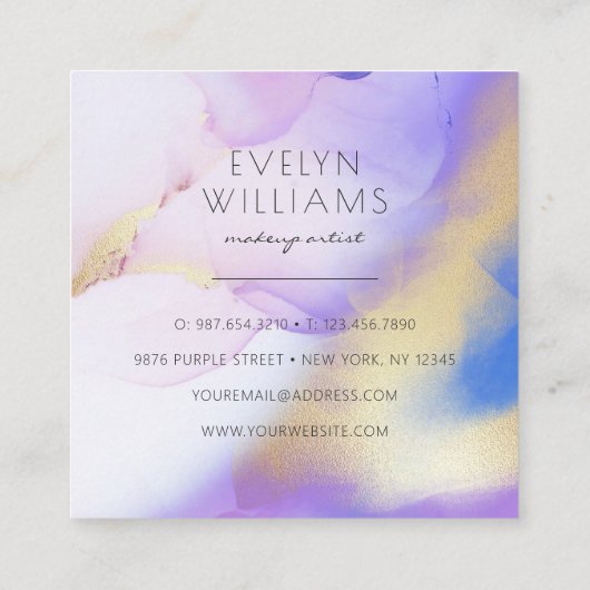 Waterverf Paars Gold Abstract Calligrafie Script Vierkante Visitekaartje (Achterkant)