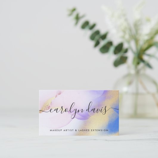 Waterverf Paars Gold Abstract Calligrafie Script Visitekaartje (Staand voorkant)