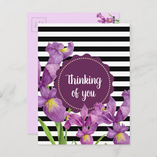 Waterverf Paars Iris Black White Stripes Pattern Briefkaart (Voorkant / Achterkant)