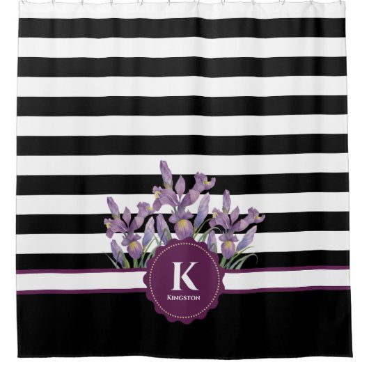 Waterverf Paars Iris Black White Stripes Pattern Douchegordijn (Voorkant)