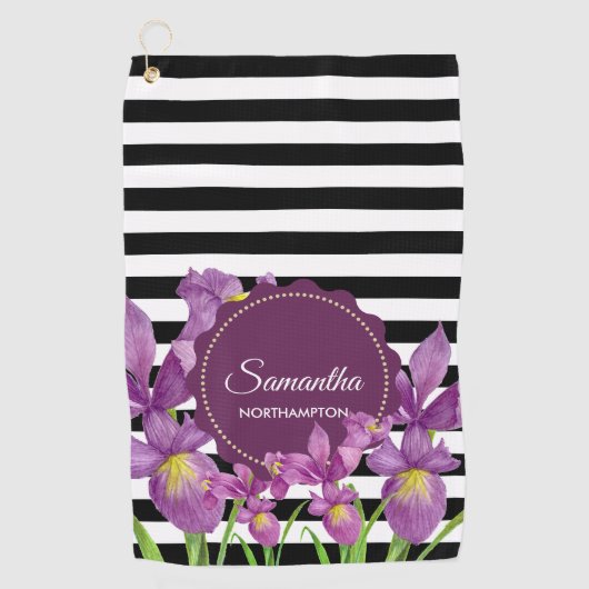 Waterverf Paars Iris Black White Stripes Pattern Golfhanddoek (Voorkant)