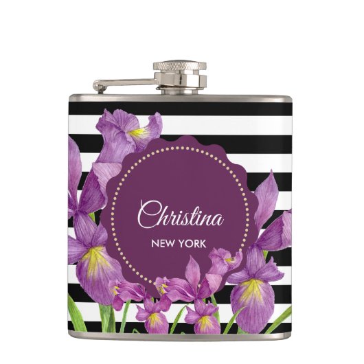 Waterverf Paars Iris Black White Stripes Pattern Heupfles (Voorkant)