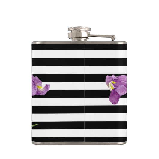 Waterverf Paars Iris Black White Stripes Pattern Heupfles (Achterkant)