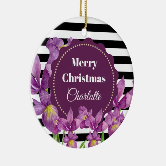 Waterverf Paars Iris Black White Stripes Pattern Keramisch Ornament (Rechts)