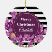 Waterverf Paars Iris Black White Stripes Pattern Keramisch Ornament (Achterkant)