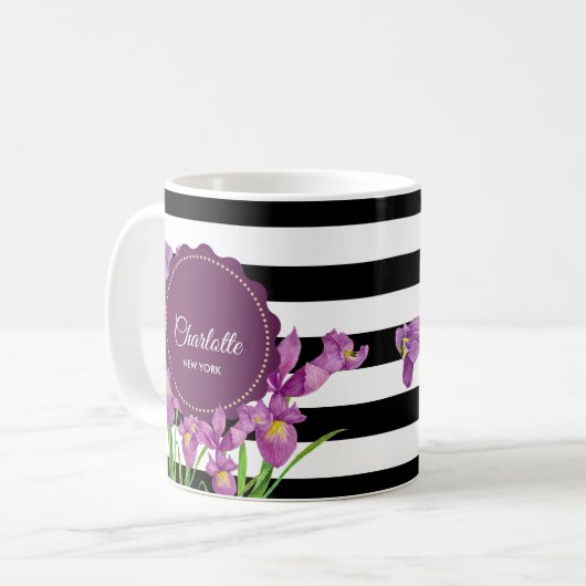 Waterverf Paars Iris Black White Stripes Pattern Koffiemok (Voorkant links)