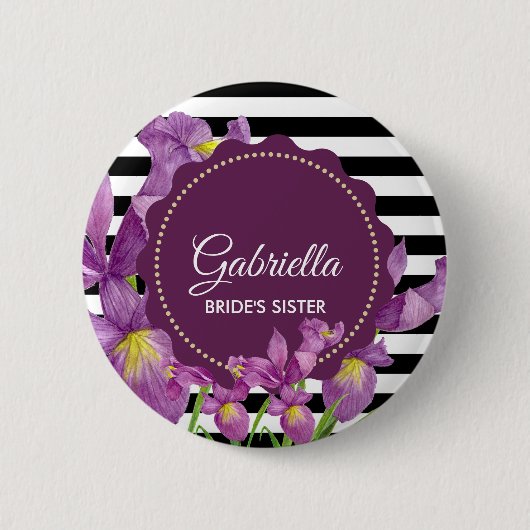 Waterverf Paars Iris Black White Stripes Pattern Ronde Button 5,7 Cm (Voorkant)