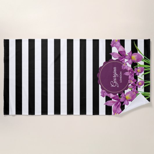 Waterverf Paars Iris Black White Stripes Pattern Strandlaken (Voorkant)