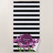 Waterverf Paars Iris Black White Stripes Pattern Strandlaken (Voorkant)