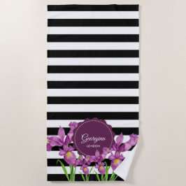 Waterverf Paars Iris Black White Stripes Pattern Strandlaken