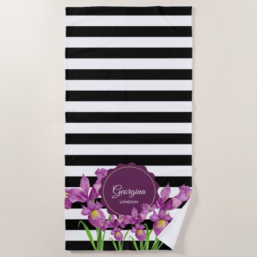 Waterverf Paars Iris Black White Stripes Pattern Strandlaken (Voorkant)