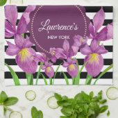 Waterverf Paars Iris Black White Stripes Pattern Theedoek (Gevouwen)