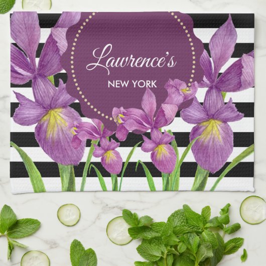 Waterverf Paars Iris Black White Stripes Pattern Theedoek (Gevouwen)