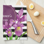Waterverf Paars Iris Black White Stripes Pattern Theedoek (Quarter Fold)