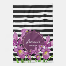 Waterverf Paars Iris Black White Stripes Pattern Theedoek