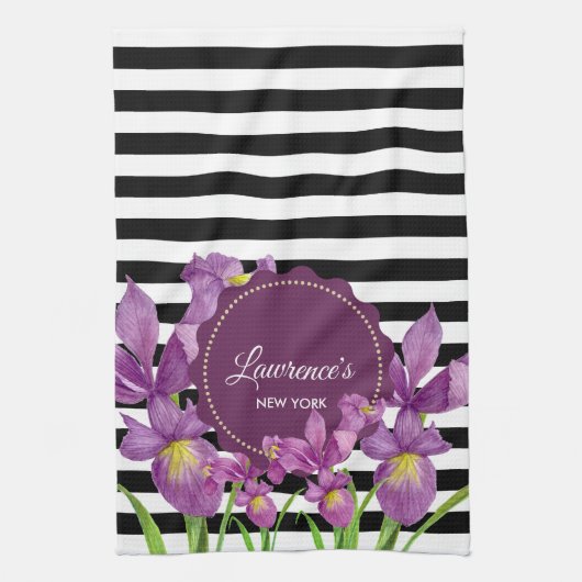 Waterverf Paars Iris Black White Stripes Pattern Theedoek (Verticaal)