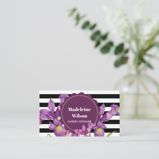 Waterverf Paars Iris Black White Stripes Pattern Visitekaartje (Staand voorkant)