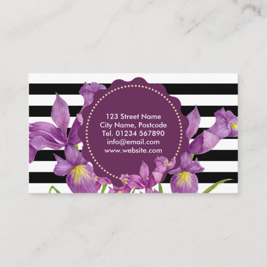 Waterverf Paars Iris Black White Stripes Pattern Visitekaartje (Achterkant)