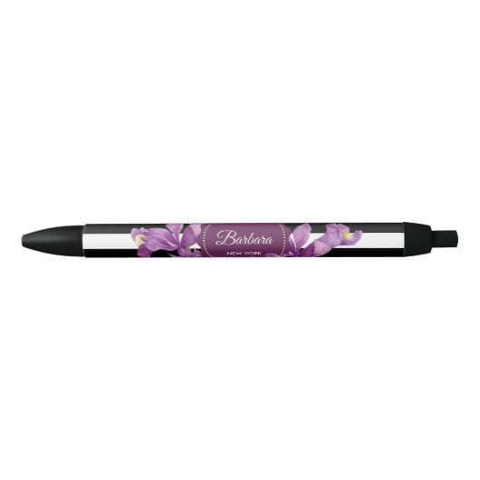 Waterverf Paars Iris Black White Stripes Pattern Zwarte Inkt Pen (Voorkant)