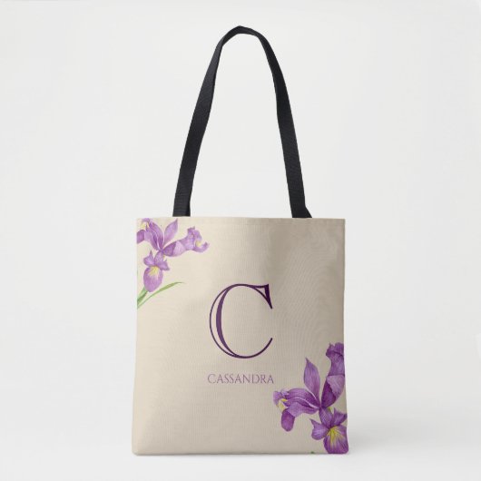 Waterverf Paars Iris Botanisch Floral Monogram Tote Bag (Voorkant)