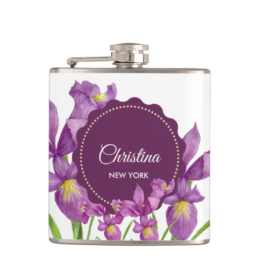 Waterverf Paars Iris Botanische illustratie Heupfles (Voorkant)