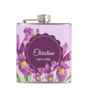 Waterverf Paars Iris Botanische illustratie Heupfles