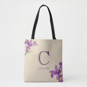 Waterverf Paars Iris Floral monogram Tote Bag