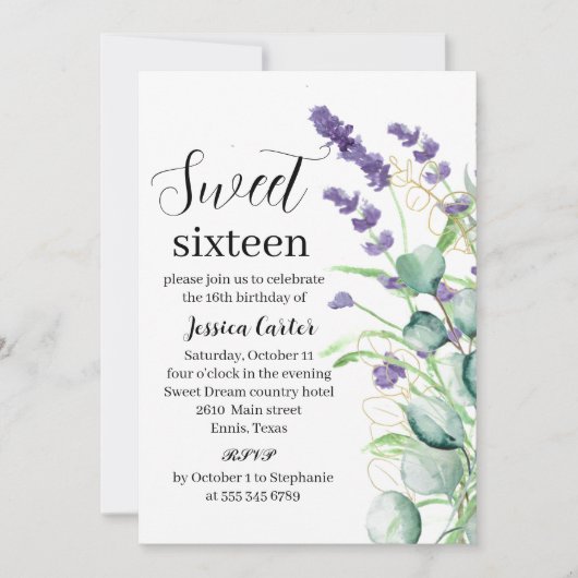 Waterverf Paars lavender Eucalyptus Sweet 16 Kaart (Voorkant)