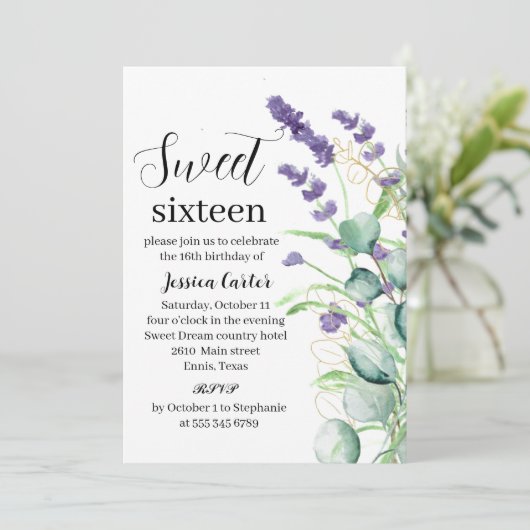 Waterverf Paars lavender Eucalyptus Sweet 16 Kaart (Staand voorkant)