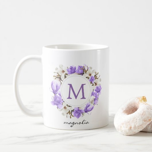 Waterverf Paars Magnolia Wreatmonogram Koffiemok (Met donut)