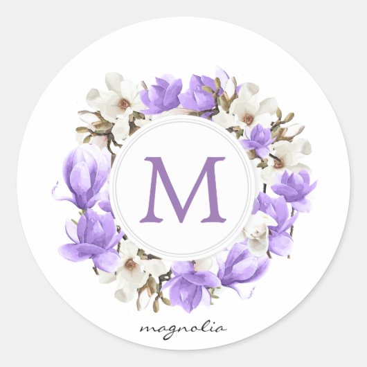 Waterverf Paars Magnolia Wreatmonogram Ronde Sticker (Voorkant)