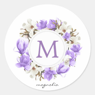 Waterverf Paars Magnolia Wreatmonogram Ronde Sticker