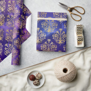 Waterverf Paars Patroon met Gouden Damast Cadeaupapier