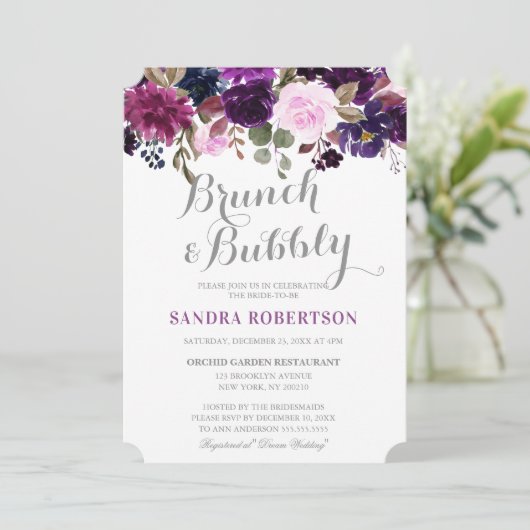 Waterverf Paars Plum Floral Boho Vrijgezellenfeest Kaart (Staand voorkant)