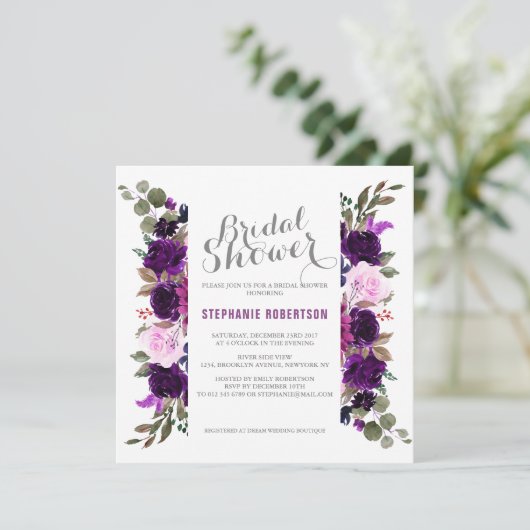 Waterverf Paars Plum Floral Boho Vrijgezellenfeest Kaart (Staand voorkant)